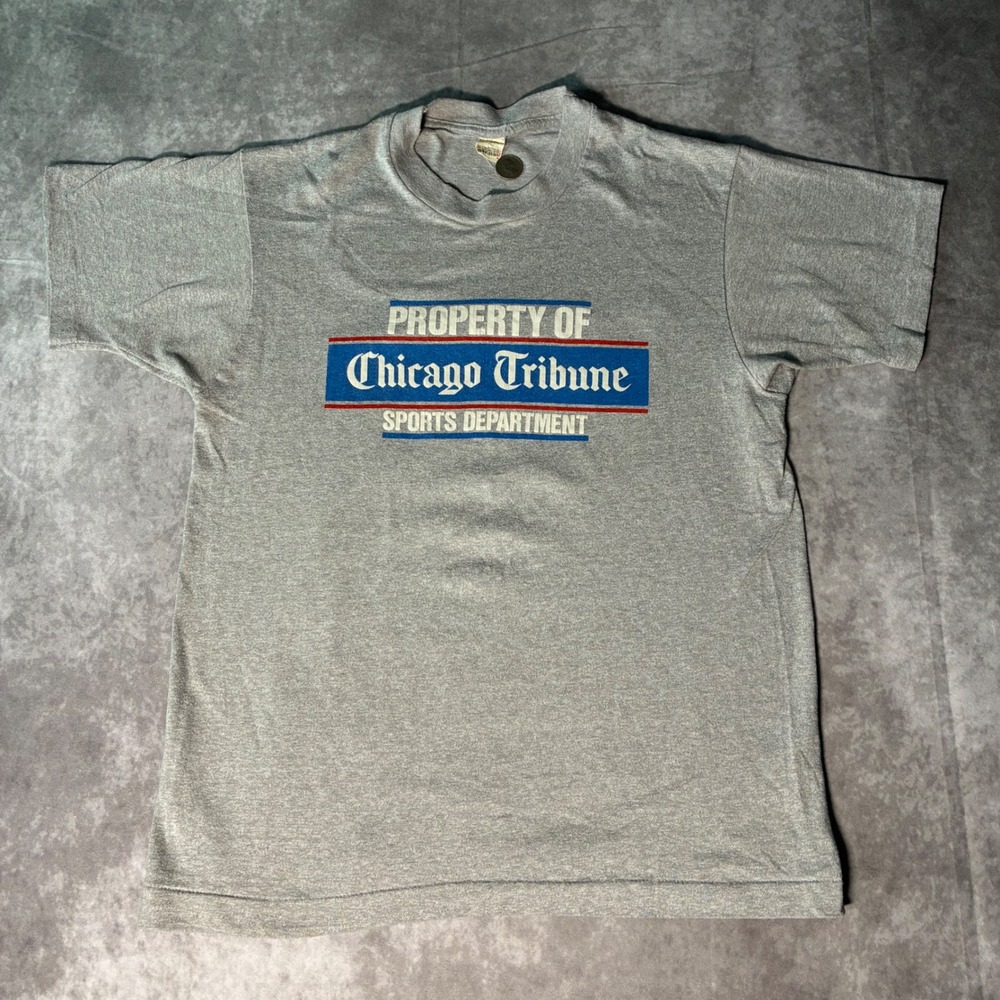 Vintage 80s Screen Stars Chicago Tribune Sports Dept T-Shirt Grey Single Stitch